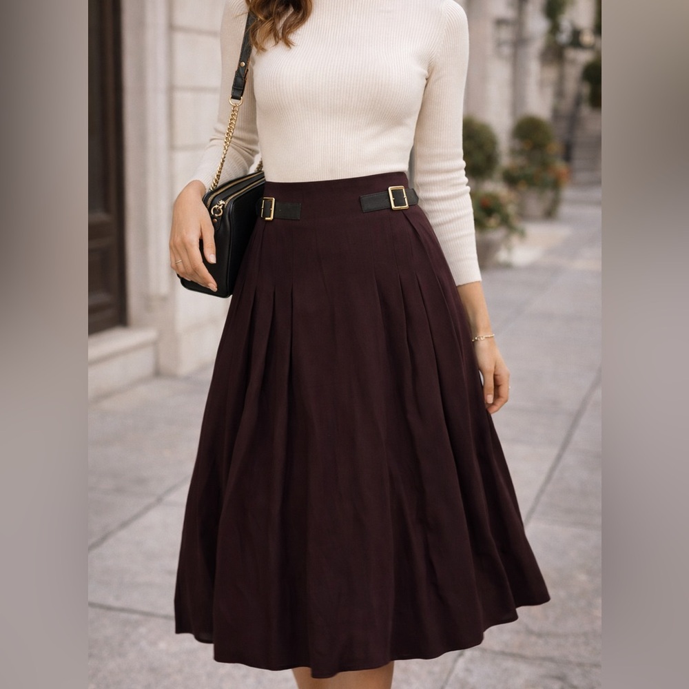 ZARA preppy Burgundy Pleated Midi Skirt – Buckle Waist XS